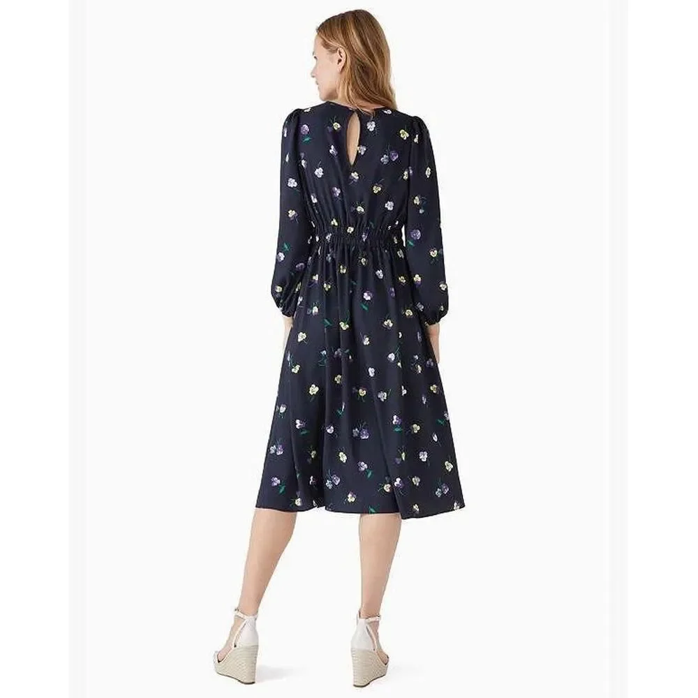 Kate Spade New York Pansy Floral Smocked Midi Dress Navy Blue Long Sleeve S